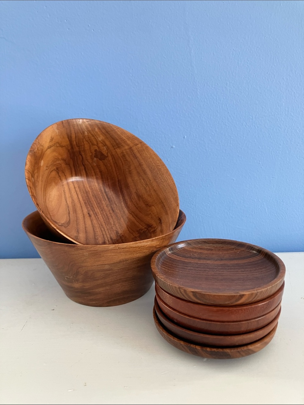 Vintage MCM Caviuna Brasil Wooden Bowl and Coaster Set